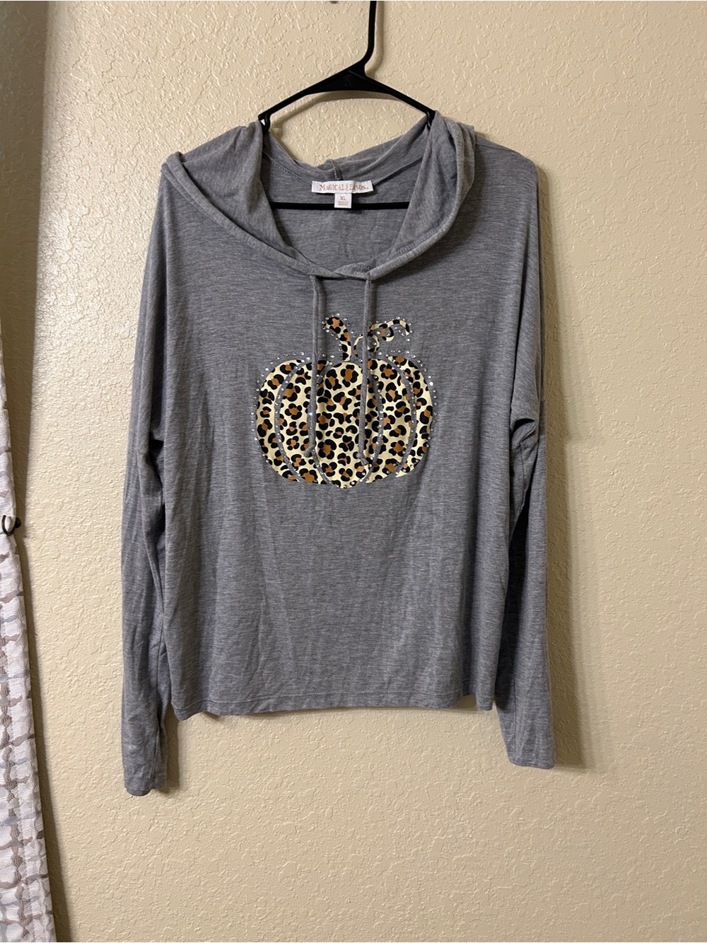 Magical Season Gray Leopard Pumpkin Rhinestone Fall Hoodie XL- L103